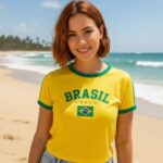 Blusa Brasil Feminina Baby Look Bordada Algodão Torcida Copa