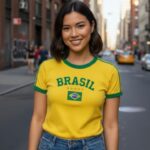 Blusa Brasil Feminina Baby Look Bordada Algodão Torcida Copa