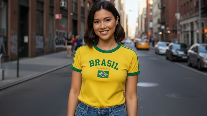 Blusa Brasil Feminina Baby Look Bordada Algodão Torcida Copa