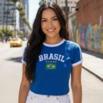 Camisa Brasil Feminina Baby Look Bordada Algodão
