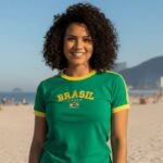 Camisa Brasil Feminina Baby Look Bordada Algodão