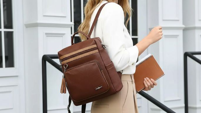 Mochila Feminina Grande Couro PU Textura Lichia Elegante e Versátil