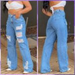 Calça Jeans Feminina Wide Leg Cargo