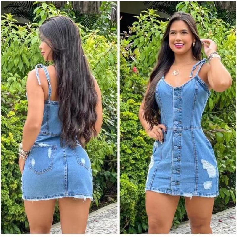 Vestido Jeans de Alcinha Botão Forro