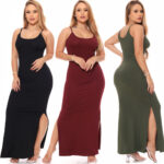 Vestido Longo Canelado com Alcinha e Fenda Lateral