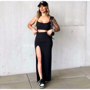 Conjunto Cropped Alcinha com Saia Longa