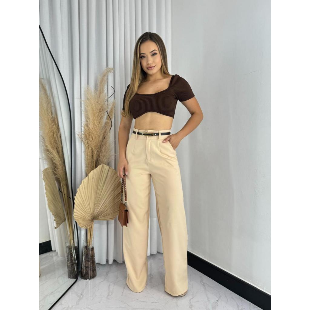 Calça Pantalona Feminina Alfaiataria Cintura Alta