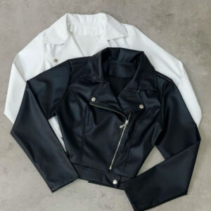 Jaqueta De Couro Elegante Feminina com Ziper com detalhe barra Botão