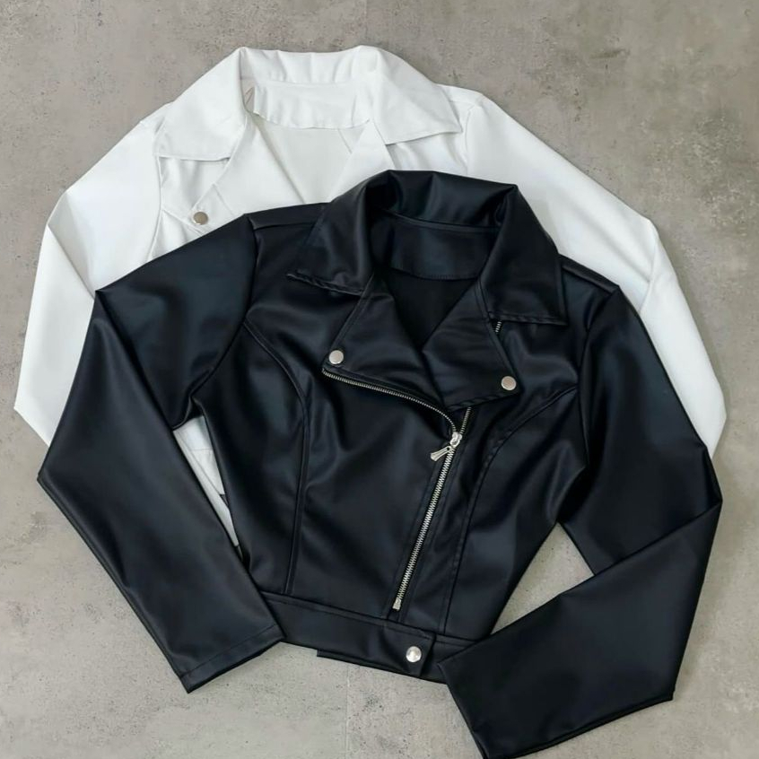 Jaqueta De Couro Elegante Feminina com Ziper com detalhe barra Botão