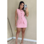 Conjunto Feminino Alfaiataria Coletinho com Short Saia