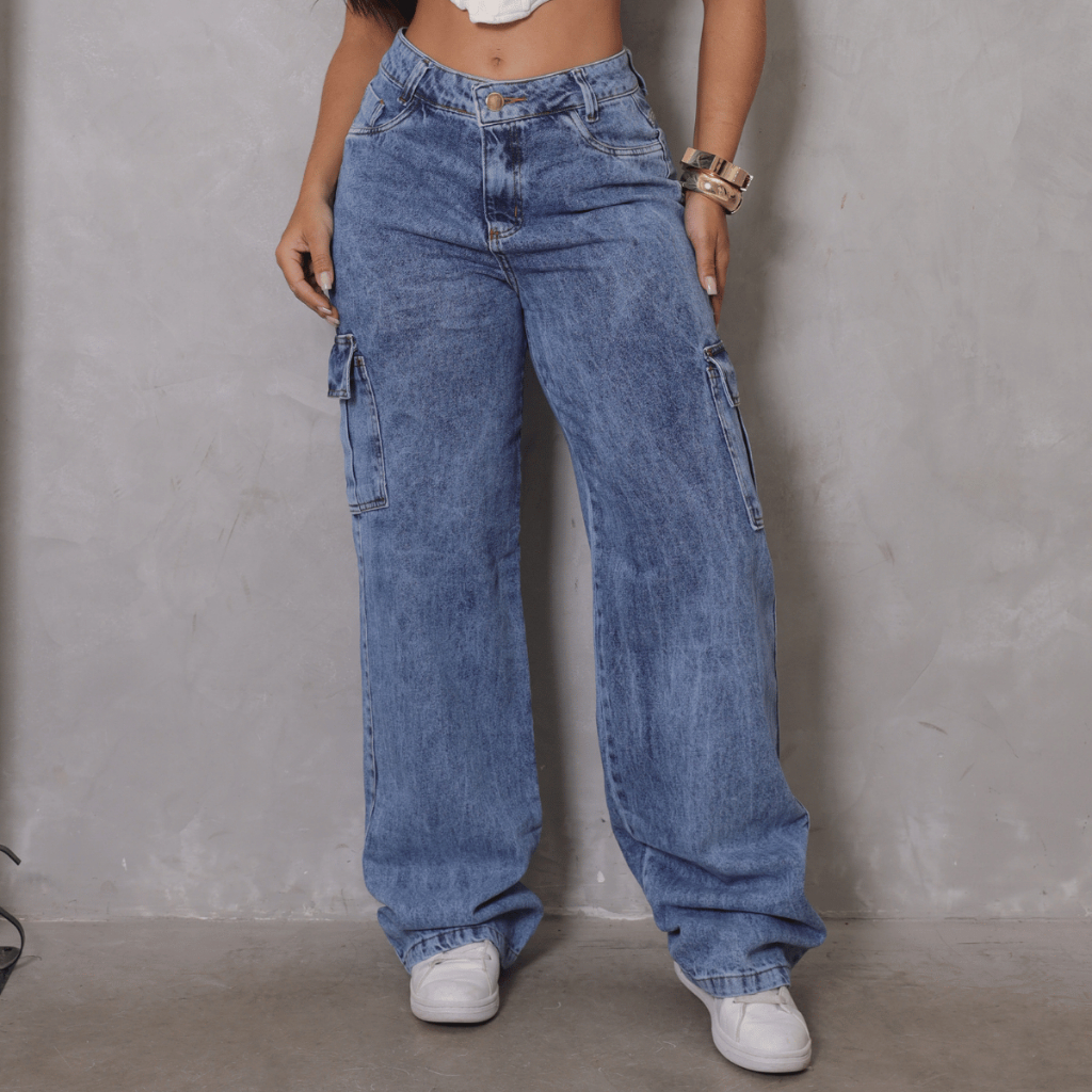 Calça Jeans Wide Leg Cargo Feminina