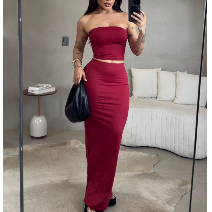 Conjunto Cropped Ombro a Ombro Saia