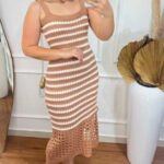 Vestido Tricô Listrado Decote Quadrado