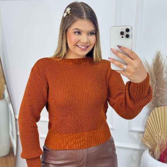 Blusa Cropped Tricô Fang Feminina Manga Longa