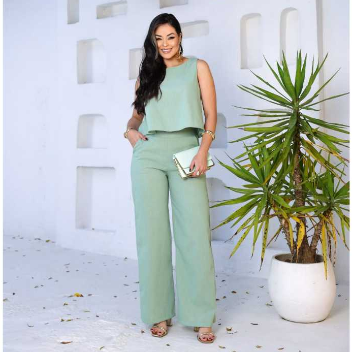 Conjunto Alfaiataria Social Feminino Calca e Blusa Em Linho