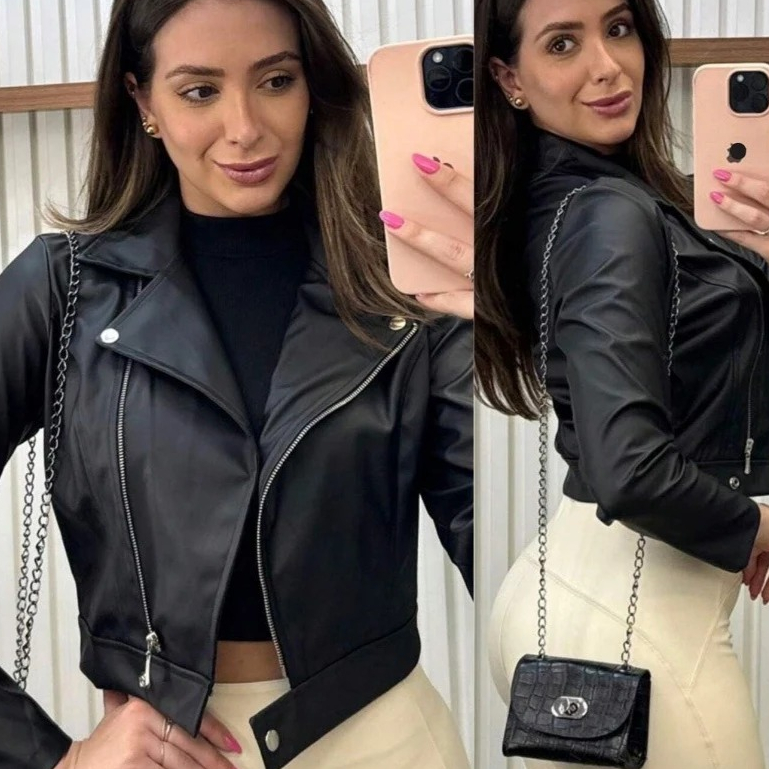 Jaqueta de Couro Feminina Com Ziper