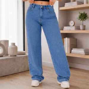 Calça Wide Leg Feminina Jeans Pantalona Cintura Alta
