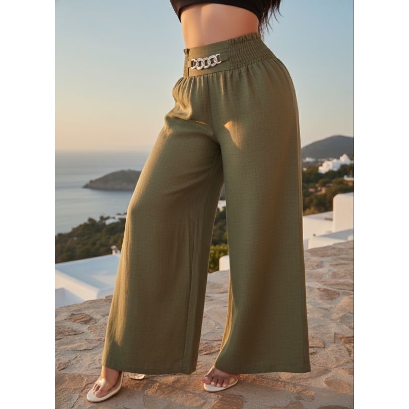 Calça Pantalona de Linho com Bolsos