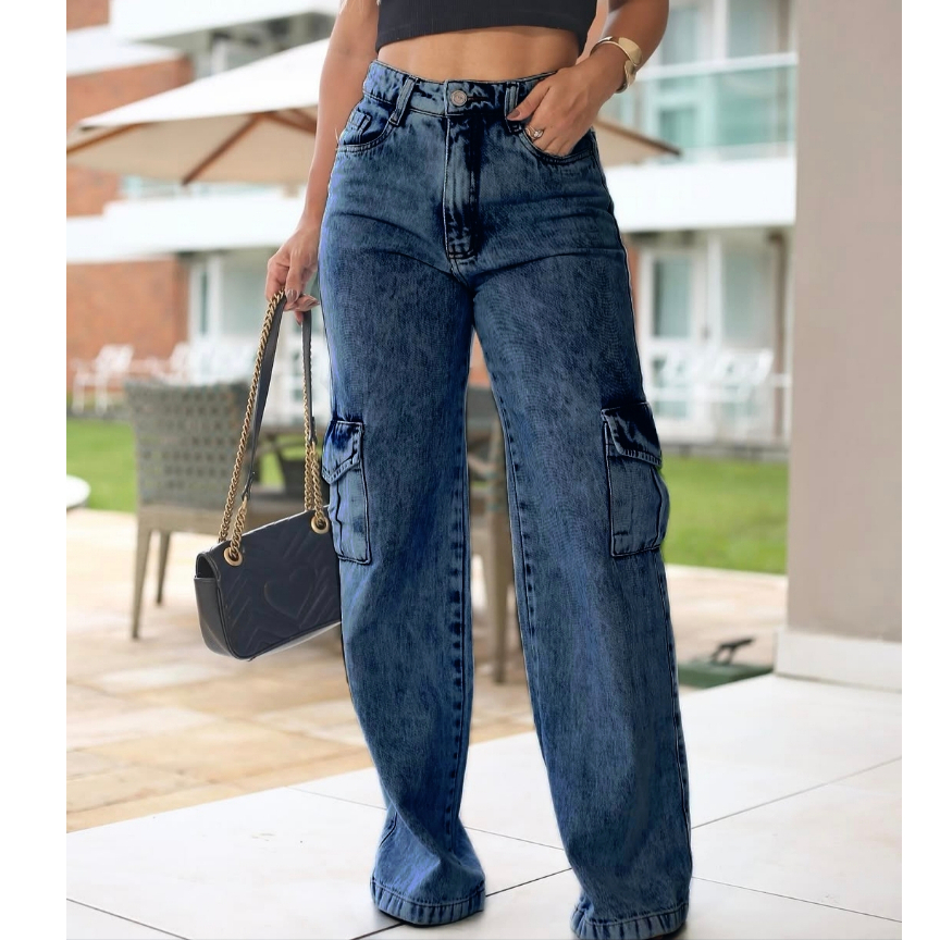 Calça Jeans Feminina Wide Leg Cargo