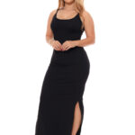 Vestido Longo Canelado com Alcinha e Fenda Lateral