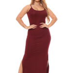 Vestido Longo Canelado com Alcinha e Fenda Lateral