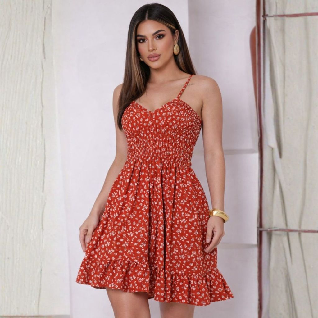 Vestido Curto Estampado com Lastex