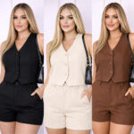 Conjunto Feminino Bella de Alfaiataria Colete com Short Moda Casual