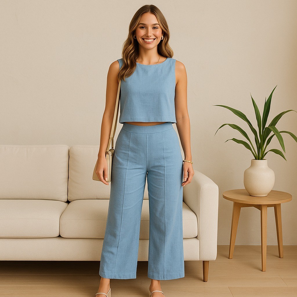 Conjunto Linho Feminino Pantalona e Blusa Regata