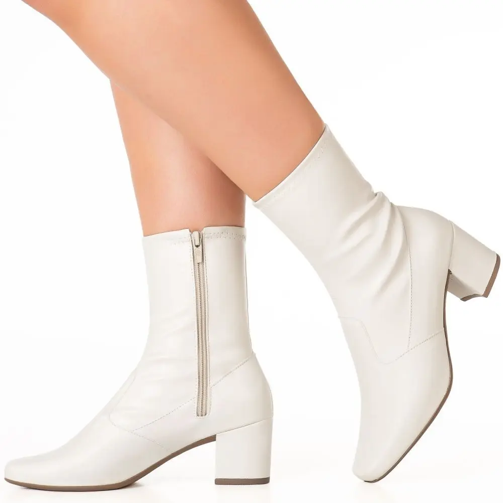 Bota Branca Feminina Stretch Bico Quadrado
