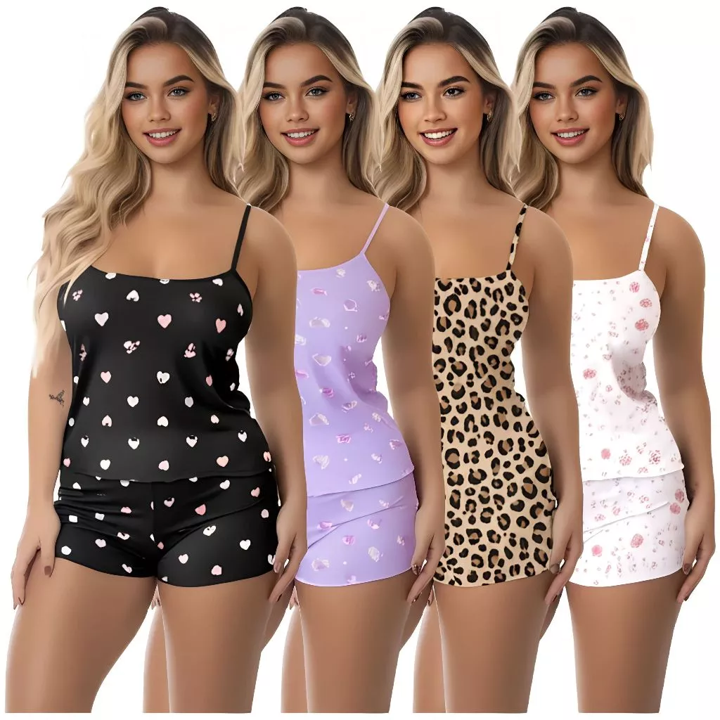 Kit com 4 Conjuntos Femininos Baby Doll Pijama