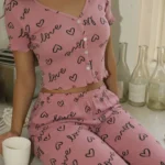 Pijama Love Cropped Botão Calça Comprida