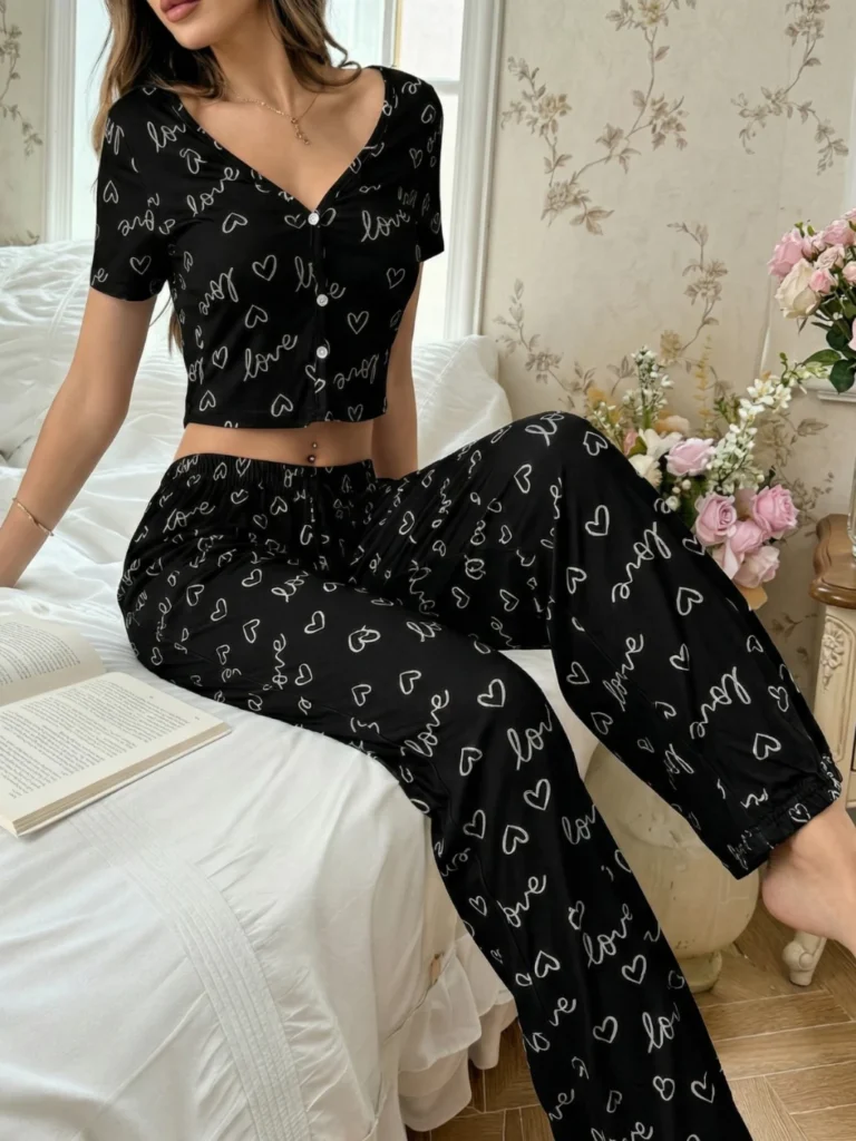 Pijama Love Cropped Botão Calça Comprida