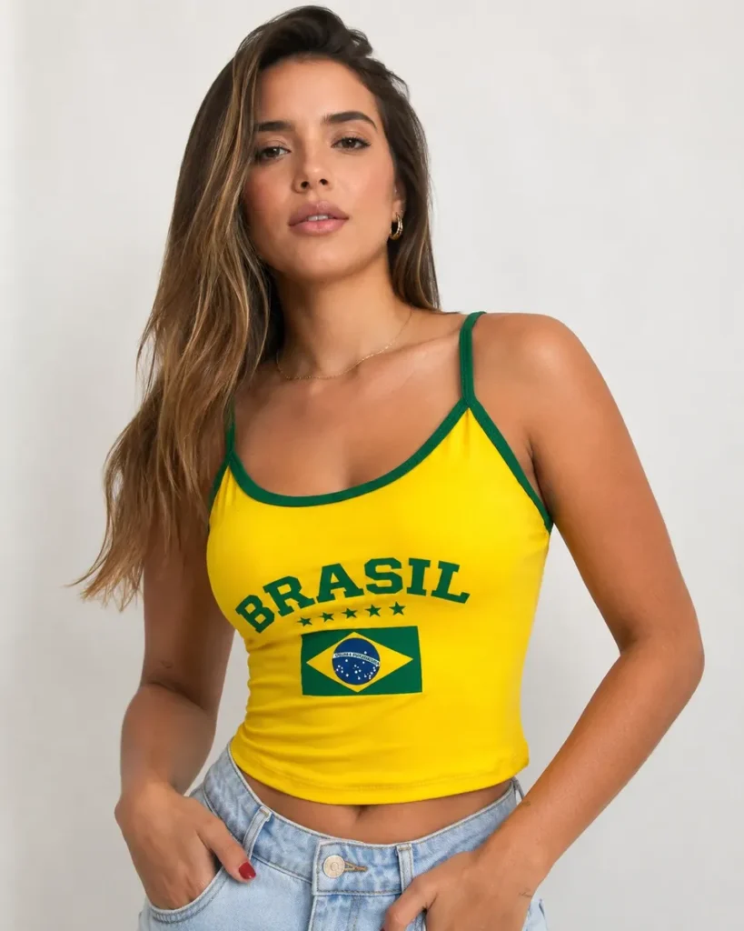 Cropped com Alcinha Fina Suplex com Bojo Brasil Copa do Mundo