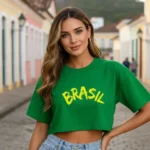 Cropped Oversized em Algodão Estiloso Brasil na Copa