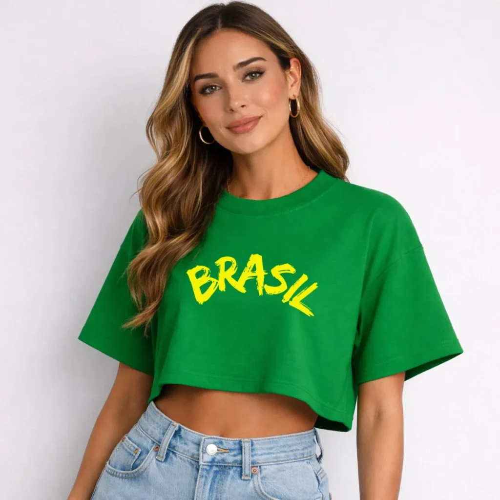 Cropped Oversized em Algodão Estiloso Brasil na Copa
